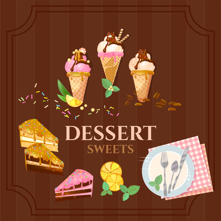 Desserts and sweets delicious cake chocolate ice cream vector illustrationのイラスト素材