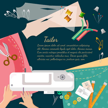 Seamstress work on sewing machine professional tailoring top view manufacture of wearing apparel vector catoon illustrationのイラスト素材