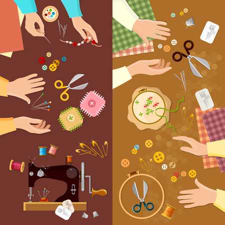 Tailor banner seamstress fashion designer needlework lessons team hands vector illustrationのイラスト素材