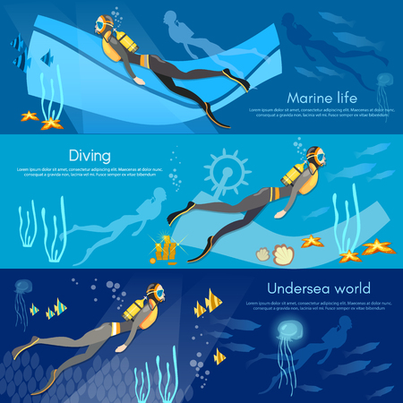 Diving banner underwater people diver silhouettes against sunburst in the ocean vectorのイラスト素材