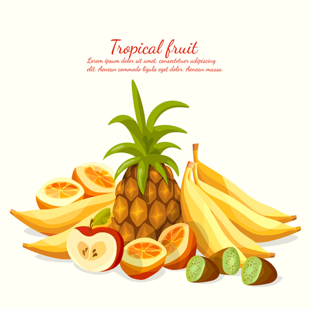 Tropical fruits pineapple, bananas, kiwi, apple cartoon vectorのイラスト素材