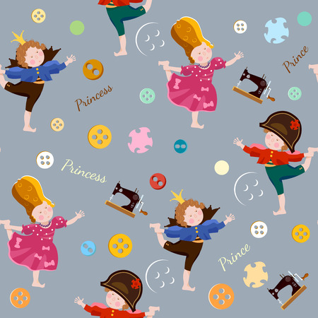 Funny kids seamless pattern playing prince and princess children's theater scrapbooking  backgroundのイラスト素材