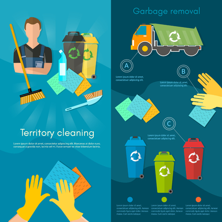 Garbage Truck Dumpster And Workers Banner Sorting Waste For