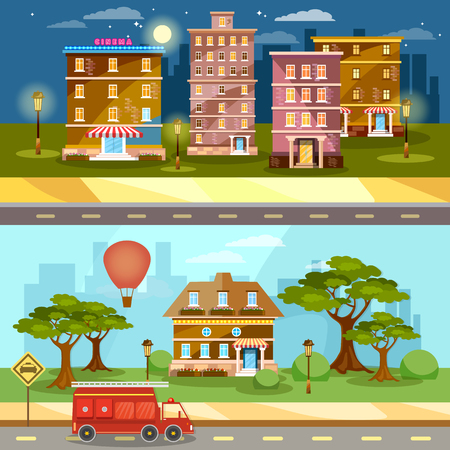 Cityscape Night And Day City Town Life Banner Vector Illustration