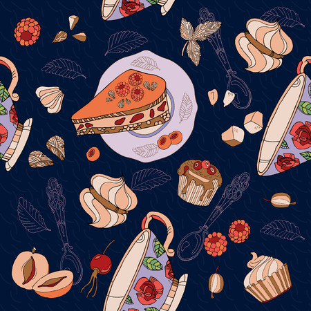 Tea seamless pattern cute tea party sweets saucers cups hand drawn illustrationのイラスト素材