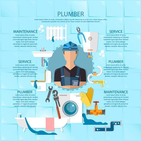 Plumbing service infographics professional plumber repairing bathrooms, toilets, washing machines vector illustrationのイラスト素材