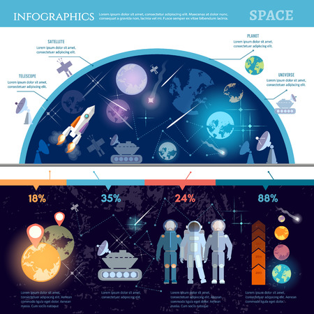 Space infographics set with study universe astronauts on new planets cosmos research symbols and charts vector illustrationのイラスト素材