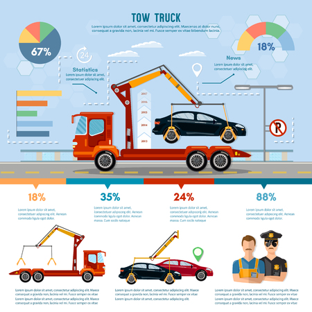 Car service infographic, auto towing, tow truck for transportation faults and emergency cars vectorのイラスト素材