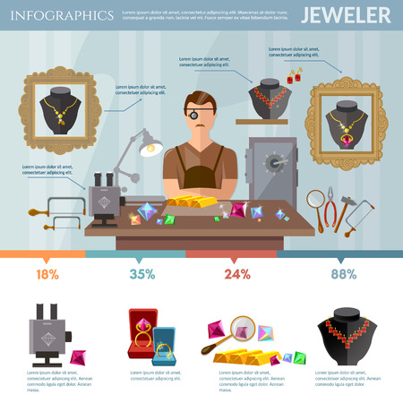 Professional jeweler infographics. Creation and sale of a jewelry, earrings rings gems, jeweler at work vectorのイラスト素材