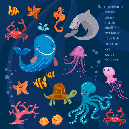 Sea animals cute collection octopus, fish, whale, jellyfish, turtle, crab cartoonのイラスト素材