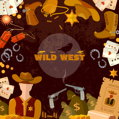 Wild West background. Cowboy, sheriff, guns, money. Western accessories concept.のイラスト素材
