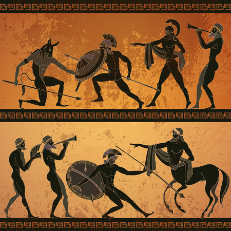Ancient Greece banner. Black figure pottery, hunting for a Minotaur, gods, warrior, centaur. Classical Ancient Greek styleのイラスト素材