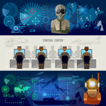 Modern military center banner. Radar screen with planes air force pilot deep diver. Modern military technologyのイラスト素材