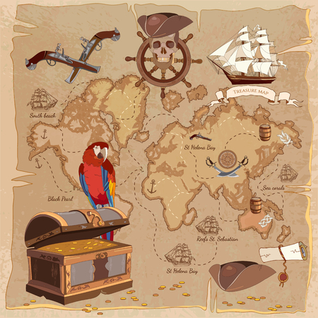 Old pirate treasure map. Treasure chest parrot steering wheel skull rum saber pirate hat and ship. Adventure stories backgroundのイラスト素材