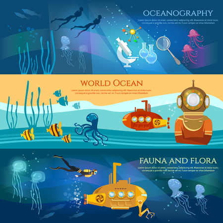 Oceanography. Sea exploration banner. Scientific research of sea and ocean, yellow submarine underwater with periscope, diversのイラスト素材