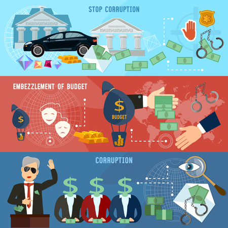Corruption deceitful politician banner campaign promises bribes. Theft of public money. Anti corruption fight stealing money from budgetのイラスト素材