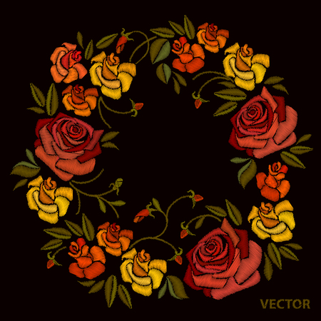 Embroidery flowers roses vector. Beautiful decorative floral embroidery elegant flowers template patternのイラスト素材