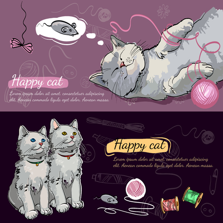 Cheerful kittens. Happy cat dreams of a mouse bannerのイラスト素材
