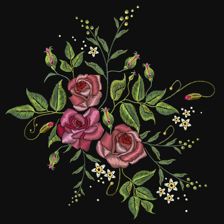 Roses embroidery on a black background. Classic style embroidery, beautiful roses flowers pattern vectorのイラスト素材