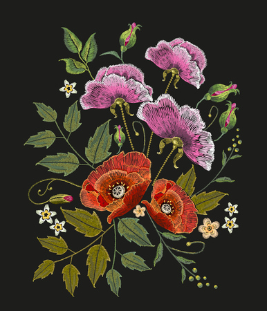 Flowers embroidery on black background. Decorative floral embroidery elegant flowers beautiful poppies vectorのイラスト素材