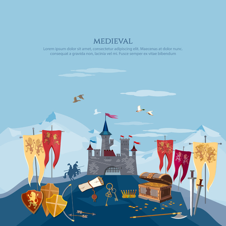 Medieval background, knights, ancient weapons, chest with treasuresのイラスト素材