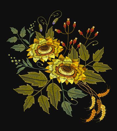 Embroidery sunflowers, flowers, wheat. Beautiful bouquet sunflowers embroidery template for clothesのイラスト素材