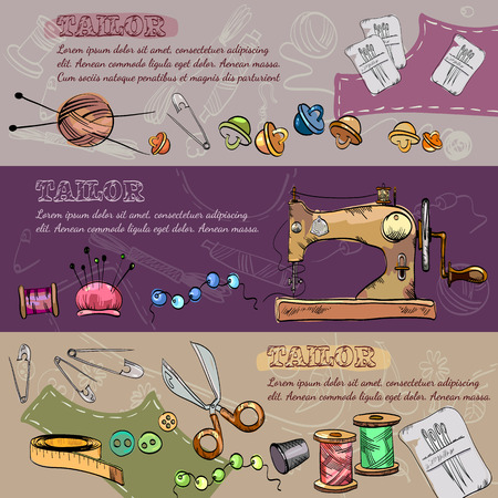 Tailor banners vector. Studio on tailoring tools seamstress fashion designer needlework sewing machineのイラスト素材
