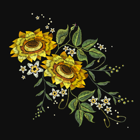 Embroidery sunflowers, flowers vector. Beautiful bouquet sunflowers embroidery template for clothesのイラスト素材