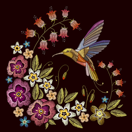 Humming bird and beautiful flowers embroidery on black background. Elegant flowers and tropical humming bird vector. Decorative floral embroidery. Template for sewing, clothing, textilesのイラスト素材