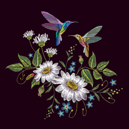 Humming bird and chamomile embroidery. Beautiful hummingbirds and white chamomile embroidery on black background. Template for clothes, textiles, t-shirt designのイラスト素材