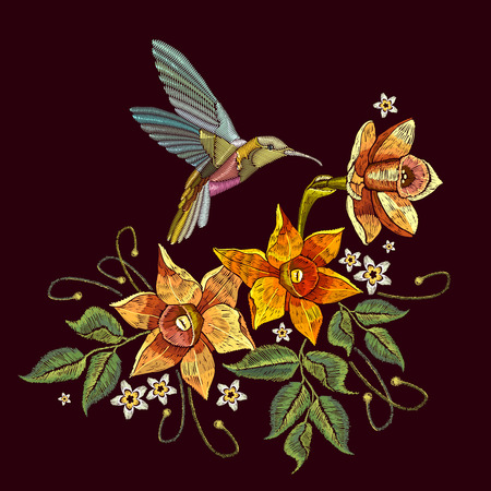 Humming bird and narcissus embroidery. Beautiful hummingbird and yellow narcissus embroidery on black background. Template for clothes, textiles, t-shirt designのイラスト素材