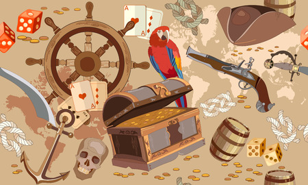 Old pirate treasure map seamless pattern. Treasure chest, parrot steering wheel skull, rum saber pirate hat. Adventure stories seamless backgroundのイラスト素材