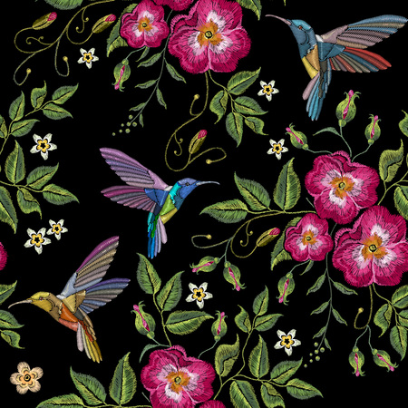 Embroidery humming bird and wild roses, dogrose flowers vector. Classic style embroidery, beautiful fashion template for clothes, t-shirt design vectorのイラスト素材