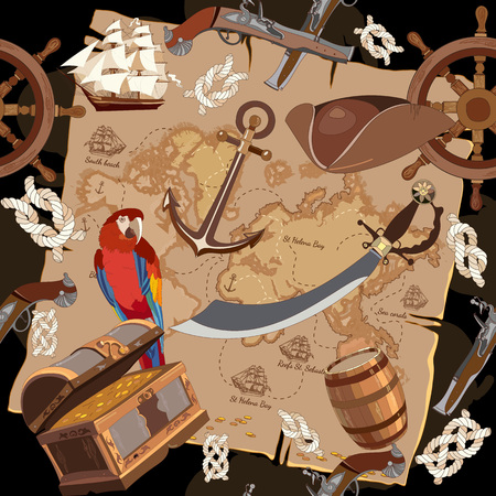 Old pirate treasure map seamless pattern. Treasure chest parrot steering wheel skull rum saber pirate hat and ship vector.のイラスト素材
