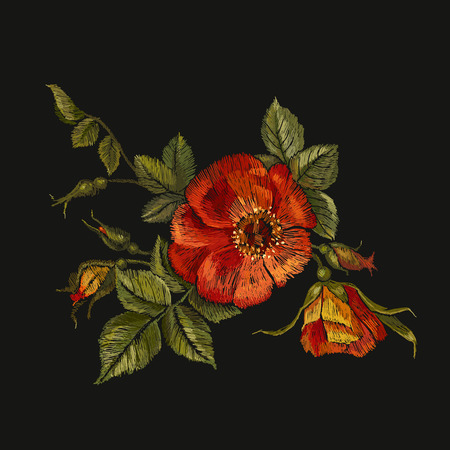 Embroidery wild roses, dogrose flowers. Classic style embroidery, beautiful dogrose pattern vector. Vintage buds of wild roses on black background. Fashionable template tapestry flowers renaissanceのイラスト素材