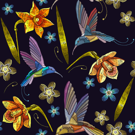 Humming bird and yellow narcissuses embroidery exotic tropical flowers seamless pattern. Beautiful flowers embroidery, humming-bird, orchids, tropical flowersのイラスト素材