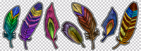 Color feathers embroidery element collection, fashionable template for design of clothes, t-shirt design. Beautiful feathers of tropical birds, classic embroidery art vectorのイラスト素材
