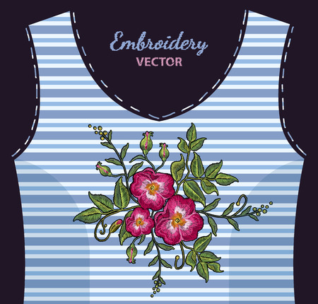 Embroidery wild rose, dogrose flowers on undershirt in blue strip. Fashionable embroidery roses, spring art, template for romantic clothes, t-shirt design artのイラスト素材