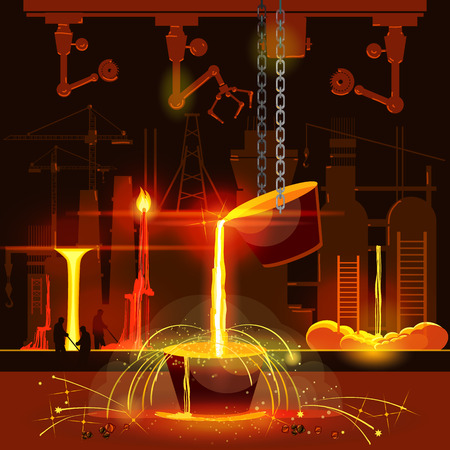 Steel industry, iron and steel factory workshop. Hot steel pouring in steel plant. Smelting of metal in big foundry. Metallurgy processのイラスト素材