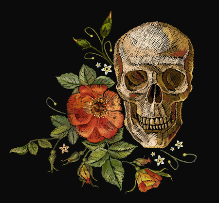 Embroidery skull and roses. Dia de muertos, day of the dead art. Gothic romanntic embroidery human skulls red roses, clothes template and t-shirt design.のイラスト素材