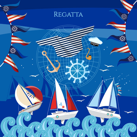 Yacht racing, sailing regatta. Sailing in the wind through the waves. Water sports Nautical schoolのイラスト素材