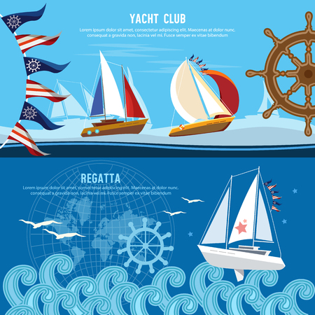 Yacht racing banner, sailing regatta. Water sports Nautical school. Sailing in the wind through the wavesのイラスト素材
