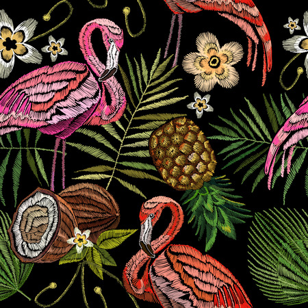 Embroidery flamingo , palm tree leaves, pineapple, coconut tropical seamless pattern. Fashionable embroidery pink flamingos, tropical summer background.  Fashionable template for design of clothesのイラスト素材