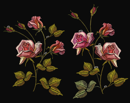 Embroidery roses, classical embroidery rose flowers with dew drops on black background. Fashion template for clothes, textile t-shirt designのイラスト素材