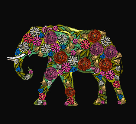 Embroidery elephant. Classical embroidery flower indian elephant. Indian ornaments animals clothes fashion t-shirt design. African ethnic elephant, yoga, Indian, Embroidery spirituality, boho artのイラスト素材