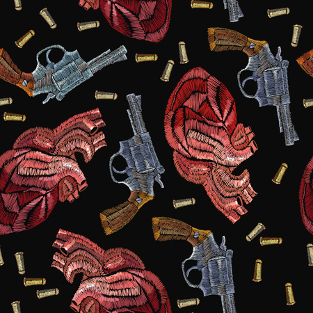 Embroidery guns and anatomical hearts. Creative fashion embroidery wild West, gangster background, vintage revolvers and red anatomical hearts template for clothes, textile t-shirt designのイラスト素材