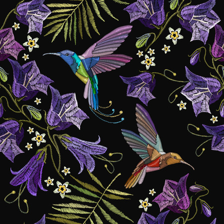Embroidery violet flowers bells and humming bird seamless pattern. Beautiful violet cornflowers and humming bird, classical embroidery pattern. Fashionable template for design of clothesのイラスト素材