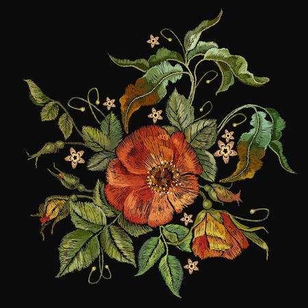 Classic style embroidery, beautiful dogrose pattern vector. Vintage buds of wild roses on black background.のイラスト素材