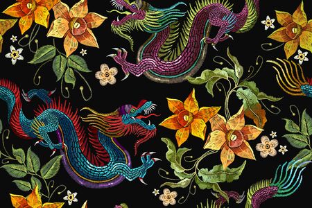 Embroidery dragons and narcissus flowers seamless pattern. Classical embroidery Asian dragon and beautiful flowers seamless pattern. China dragons vectorのイラスト素材