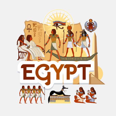 Travel to Ancient Egypt. Traditions and culture,  Welcome to Ancient Egypt. Collection of symbolic elements. Template travel backgroundのイラスト素材